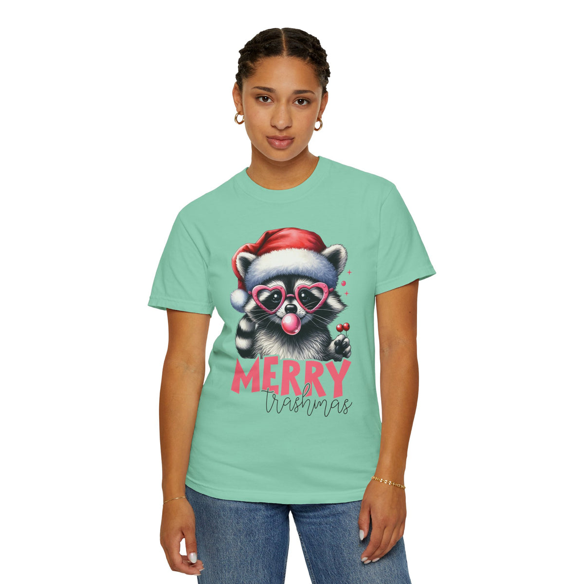 Merry Trashmas Bubblegum Raccoon w/Santa Hat Christmas - Comfort Colors | Trendy Women's T-Shirt. Direct to Garment. Printed & Shipped in the USA. Unisex Sizes.