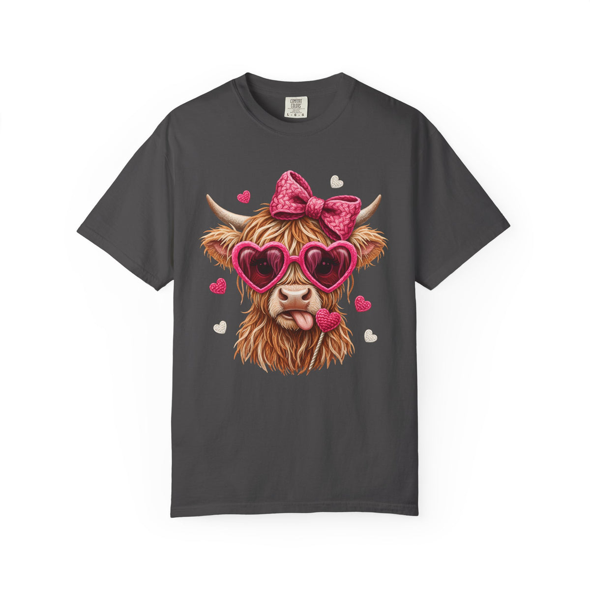 Highland Cow - Pink Heart Shaped Glasses - Comfort Colors | Trendy Women's T-Shirt. Direct to Garment. Printed & Shipped in the USA. Unisex Sizes.