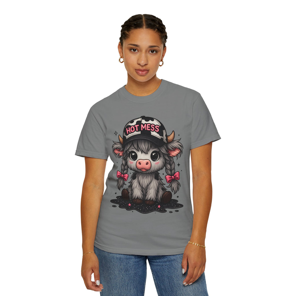 Cute Highland Cow 'Hot Mess' In Braids  - Comfort Colors | Trendy Women's T-Shirt. Direct to Garment. Printed & Shipped in the USA. Unisex Sizes.