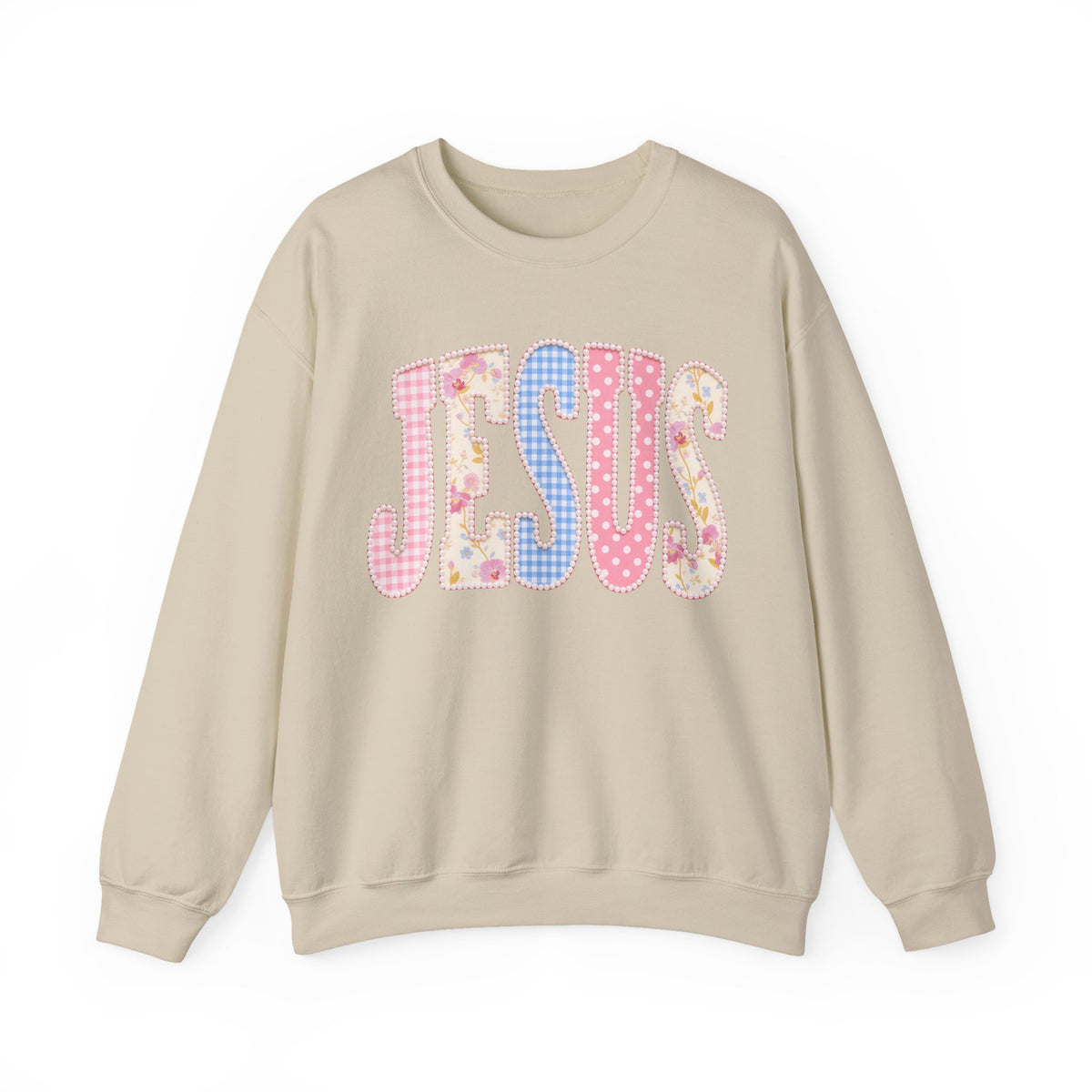 JESUS Pastel Faux Patchwork – Gildan Heavy Blend | Trendy Women’s Soft Sweatshirt. Direct to Garment. Printed & Shipped in the USA. Unisex Sizes.