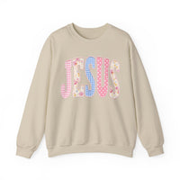JESUS Pastel Faux Patchwork – Gildan Heavy Blend | Trendy Women’s Soft Sweatshirt. Direct to Garment. Printed & Shipped in the USA. Unisex Sizes.