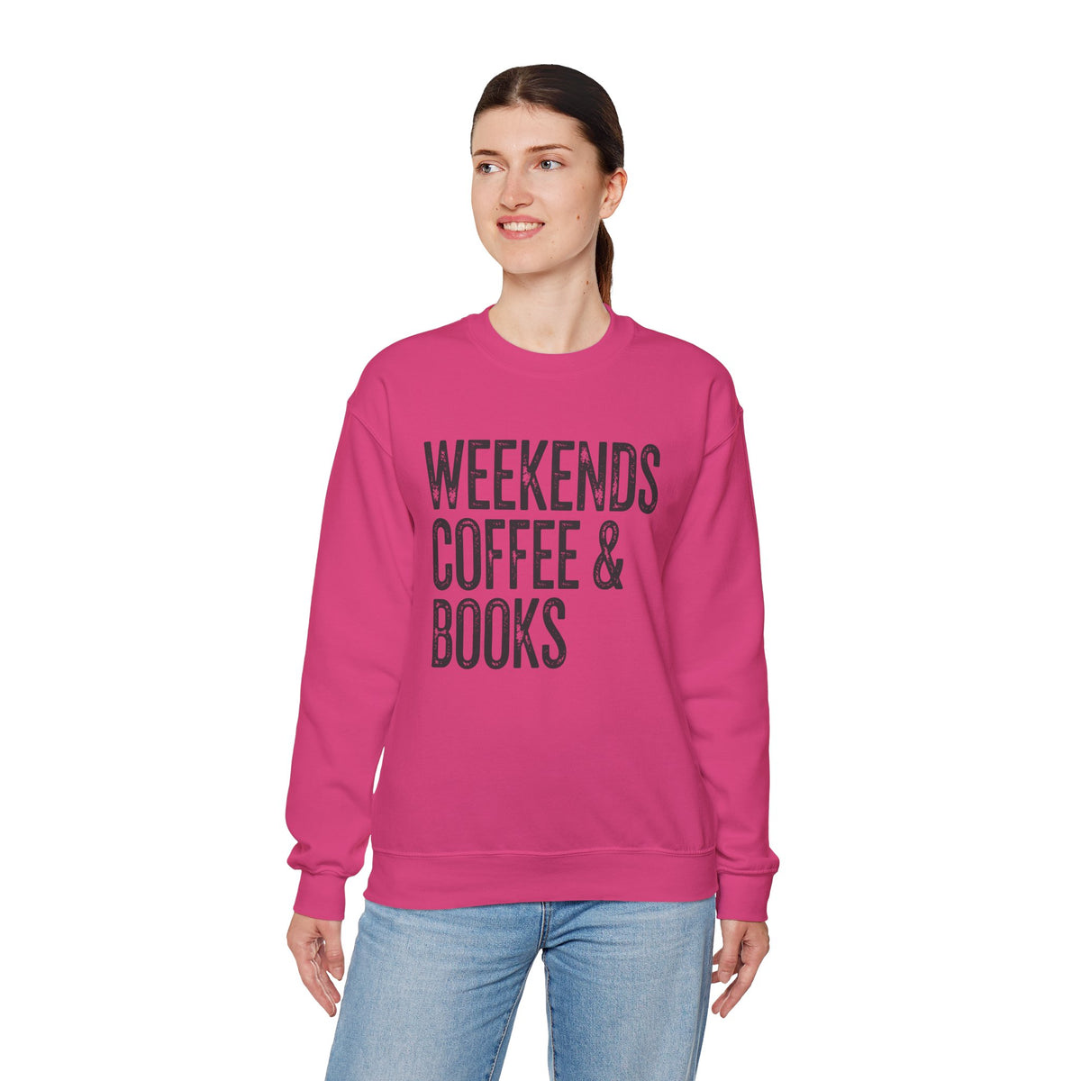 Weekends, Coffee & Books – Gildan Heavy Blend | Trendy Women’s and Men's Soft Sweatshirt. Direct to Garment. Printed & Shipped in the USA. Unisex Sizes.