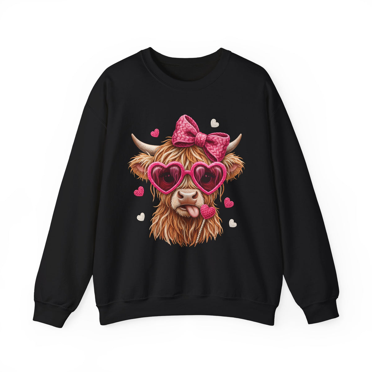 Highland Cow - Pink Heart Shaped Glasses – Gildan Heavy Blend | Trendy Women’s Soft Sweatshirt. Direct to Garment. Printed & Shipped in the USA. Unisex Sizes.