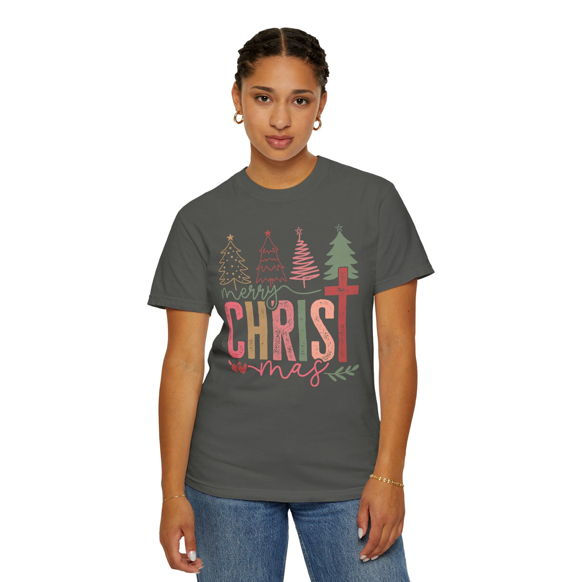 Merry ChrisTmas Christian Faith Graphic - Comfort Colors | Trendy Women's T-Shirt. Direct to Garment. Printed & Shipped in the USA. Unisex Sizes.