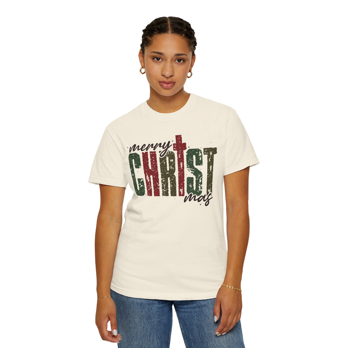 Distressed Merry ChrisTmas Faith - Comfort Colors | Trendy Men's and Women's T-Shirt. Direct to Garment. Printed & Shipped in the USA. Unisex Sizes.