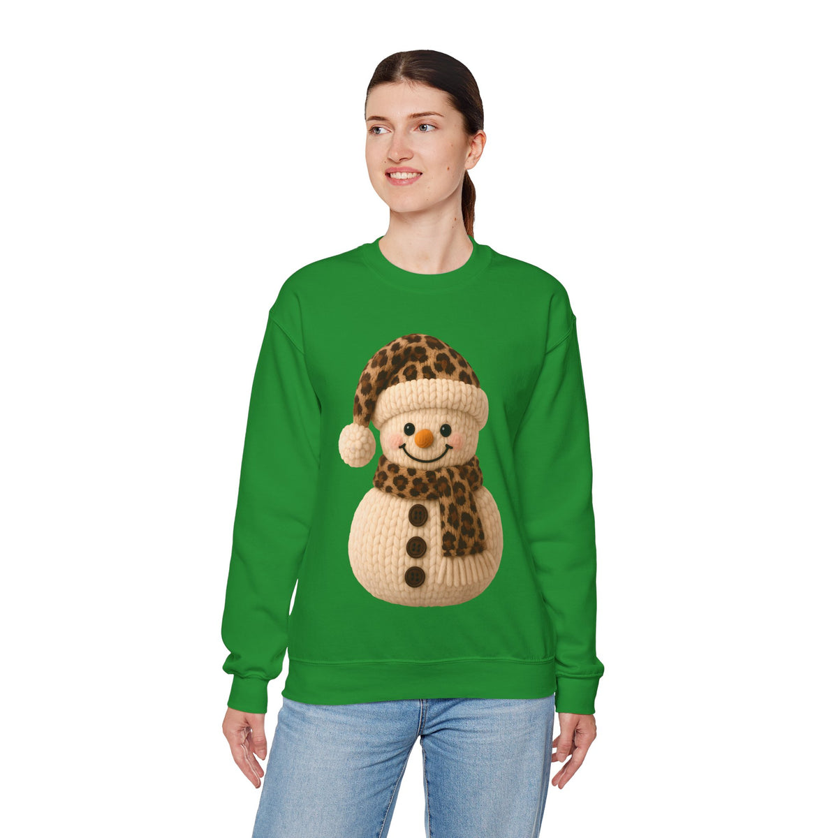 Cute Leopard Faux Knit Snowman Winter – Gildan Heavy Blend | Trendy Women’s Soft Sweatshirt. Direct to Garment. Printed & Shipped in the USA. Unisex Sizes.