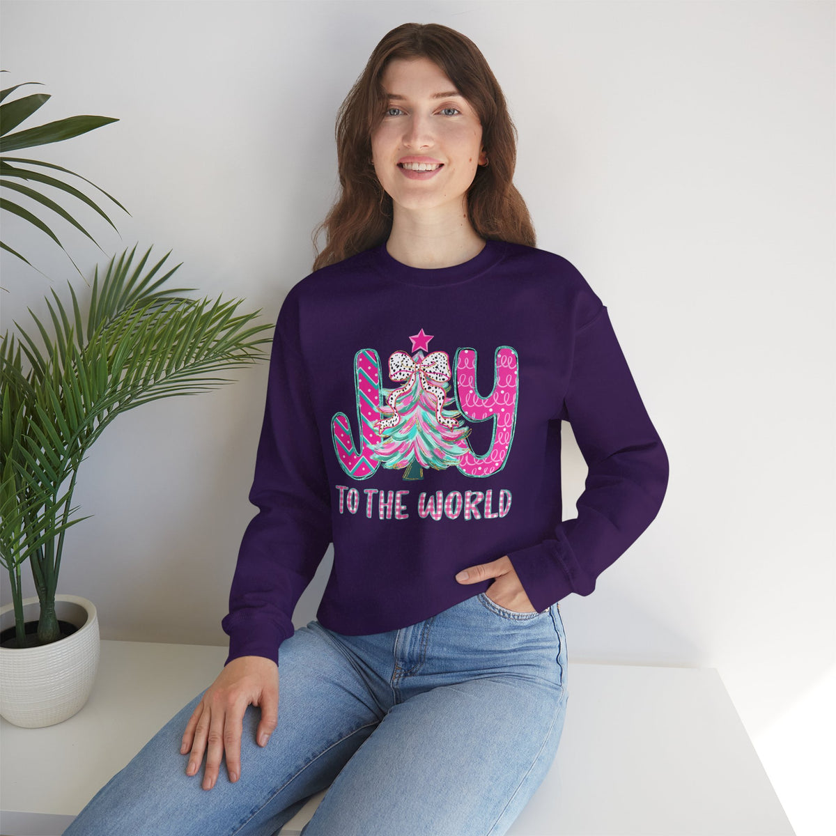 Joy to the World w/Christmas Tree Pink and Teal – Gildan Heavy Blend | Trendy Women’s Soft Sweatshirt. Direct to Garment. Printed & Shipped in the USA. Unisex Sizes.