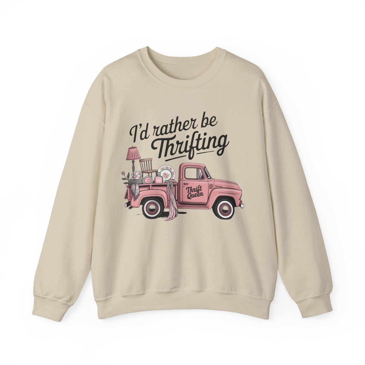 I'd Rather Be Thrifting. Pink Vintage Truck – Gildan Heavy Blend | Trendy Women’s Soft Sweatshirt. Direct to Garment. Printed & Shipped in the USA. Unisex Sizes.