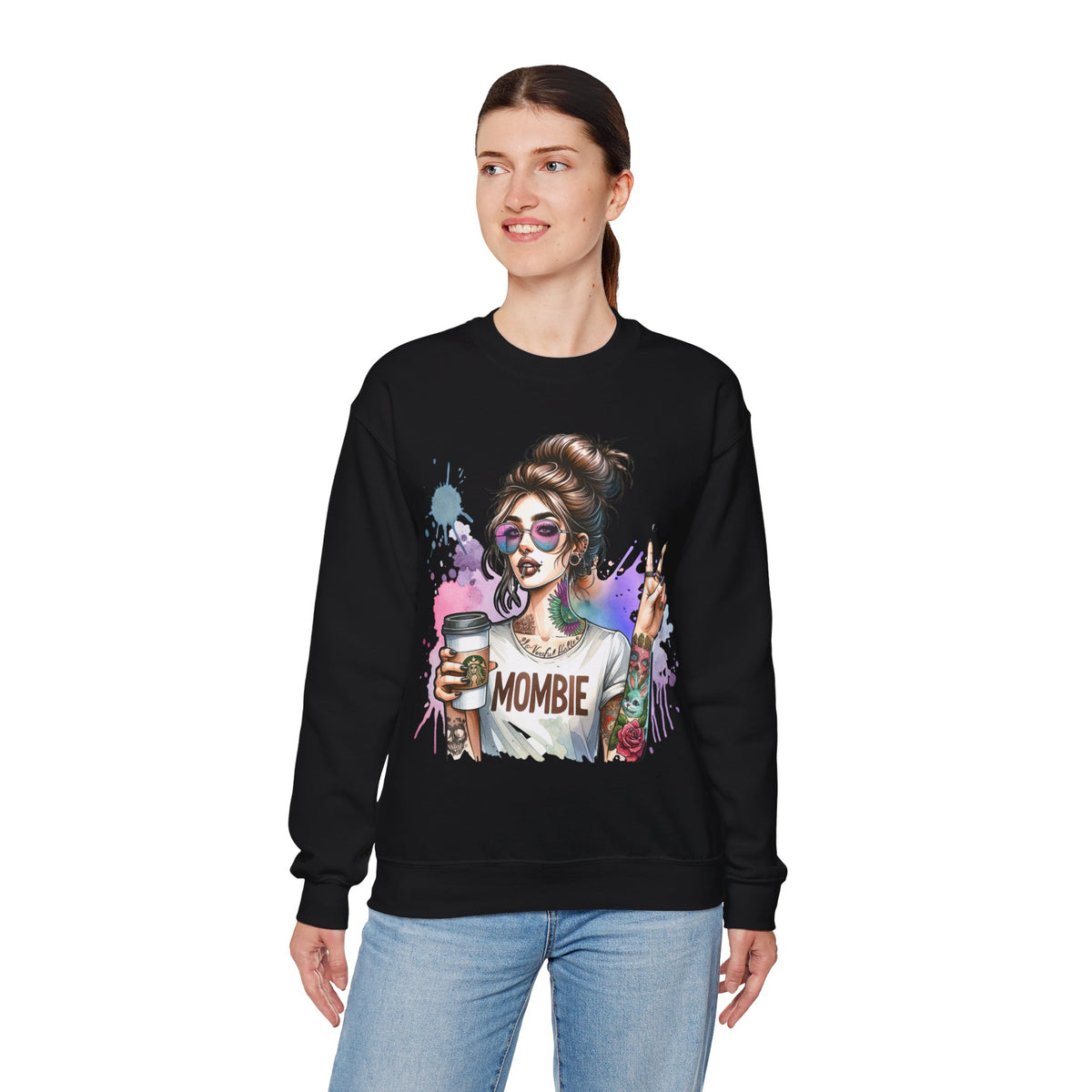Cool Mombie with Coffee Peace Tattoo - Tired Mom – Gildan Heavy Blend | Trendy Women’s Soft Sweatshirt. Direct to Garment. Printed & Shipped in the USA. Unisex Sizes.