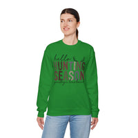 Hello Hunting Season Goodbye Husband Camouflage Wife – Gildan Heavy Blend | Trendy Women’s Soft Sweatshirt. Direct to Garment. Printed & Shipped in the USA. Unisex Sizes.