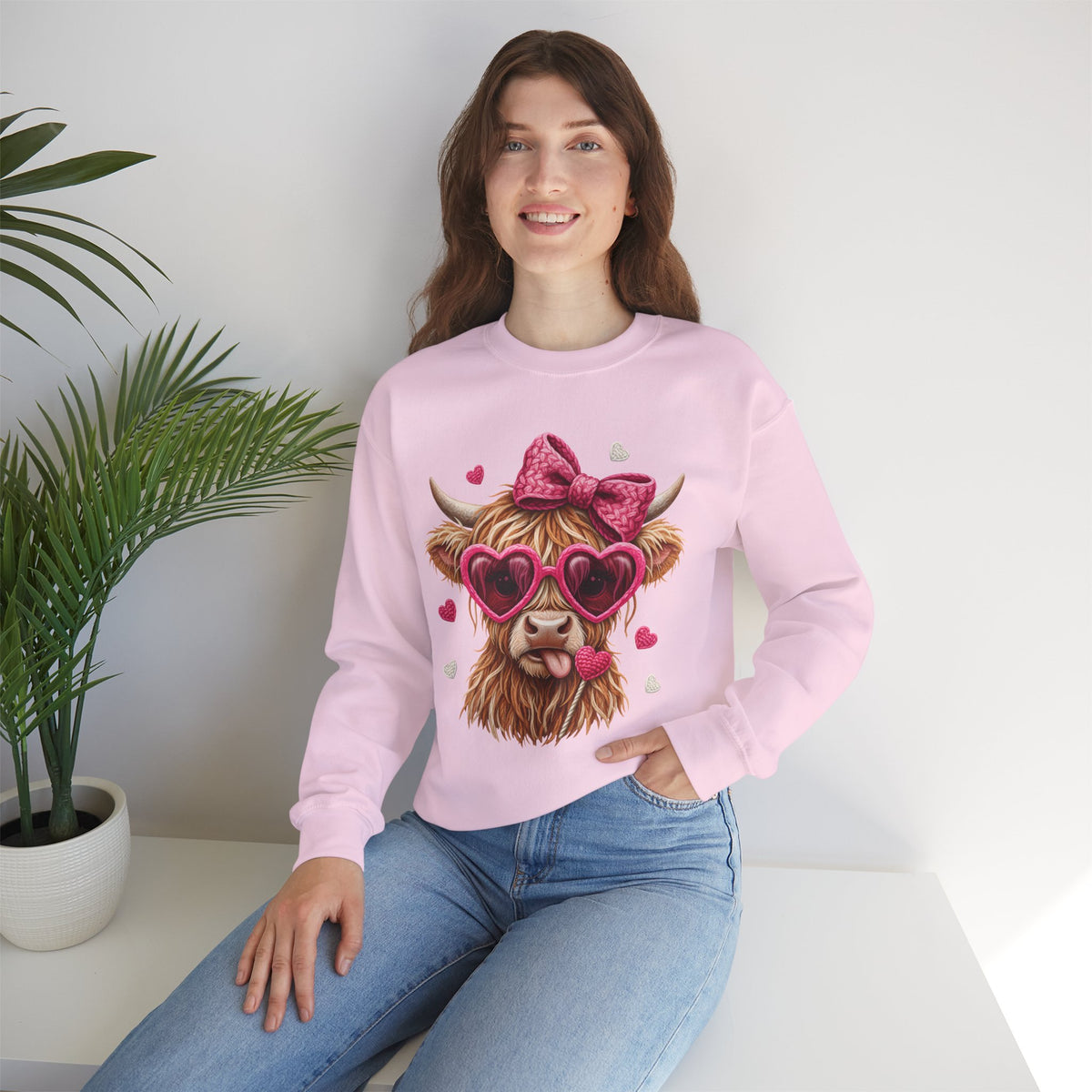 Highland Cow - Pink Heart Shaped Glasses – Gildan Heavy Blend | Trendy Women’s Soft Sweatshirt. Direct to Garment. Printed & Shipped in the USA. Unisex Sizes.
