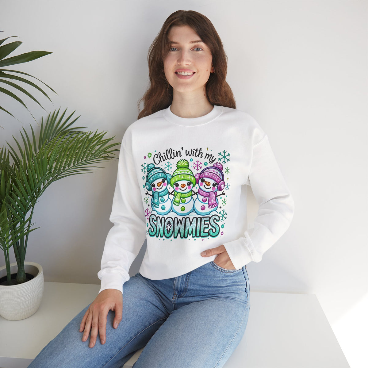 Chillin' With My Snowmies, Winter Snowman – Gildan Heavy Blend | Trendy Women’s Soft Sweatshirt. Direct to Garment. Printed & Shipped in the USA. Unisex Sizes.