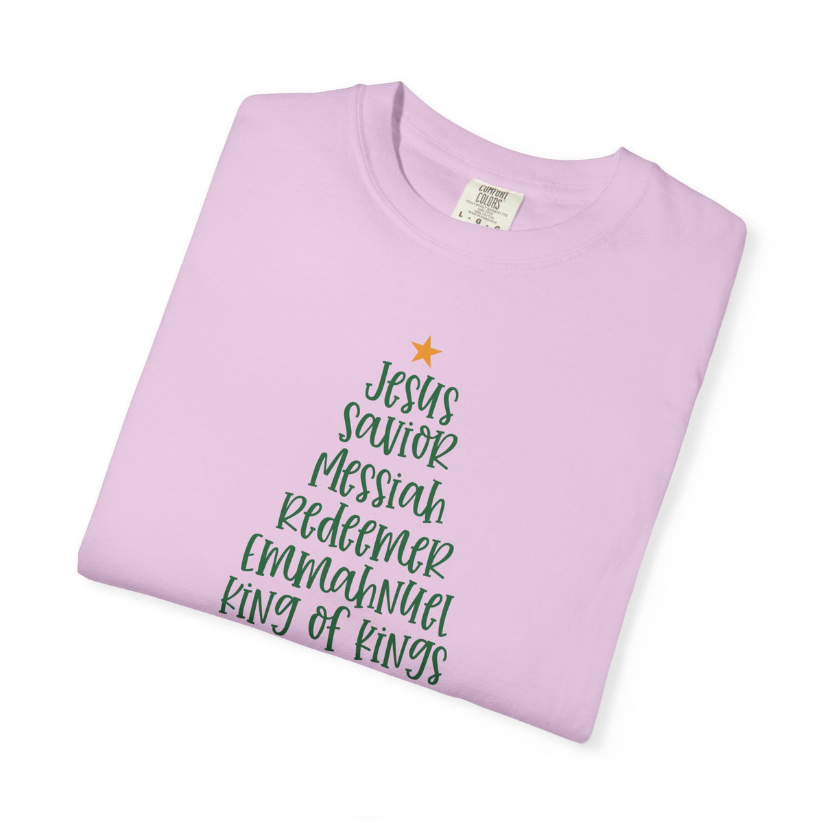 Jesus Name Christmas Tree - Comfort Colors | Trendy Women's T-Shirt. Direct to Garment. Printed & Shipped in the USA. Unisex Sizes.