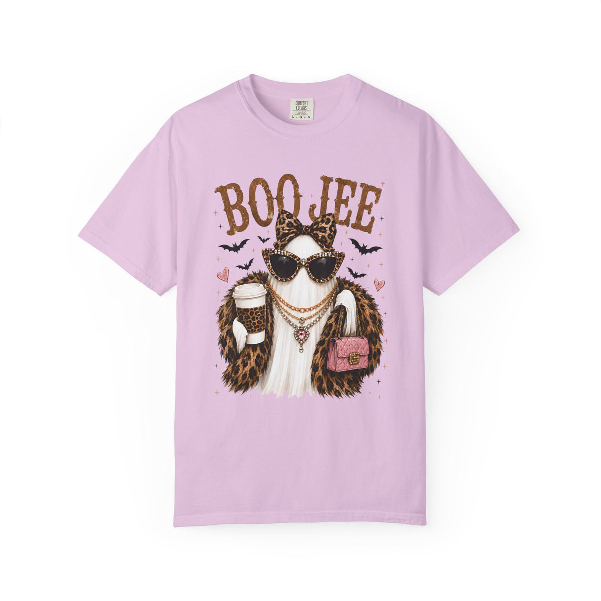 BooJee Ghost with Coffee - Halloween - Comfort Colors | Trendy Women's T-Shirt. Direct to Garment. Printed & Shipped in the USA. Unisex Sizes.