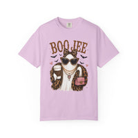 BooJee Ghost with Coffee - Halloween - Comfort Colors | Trendy Women's T-Shirt. Direct to Garment. Printed & Shipped in the USA. Unisex Sizes.