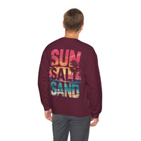 Sun Salt Sand, Beach Sunset - Front & Back Print – Gildan Heavy Blend | Trendy Women’s and Men's Soft Sweatshirt. Direct to Garment. Printed & Shipped in the USA. Unisex Sizes.
