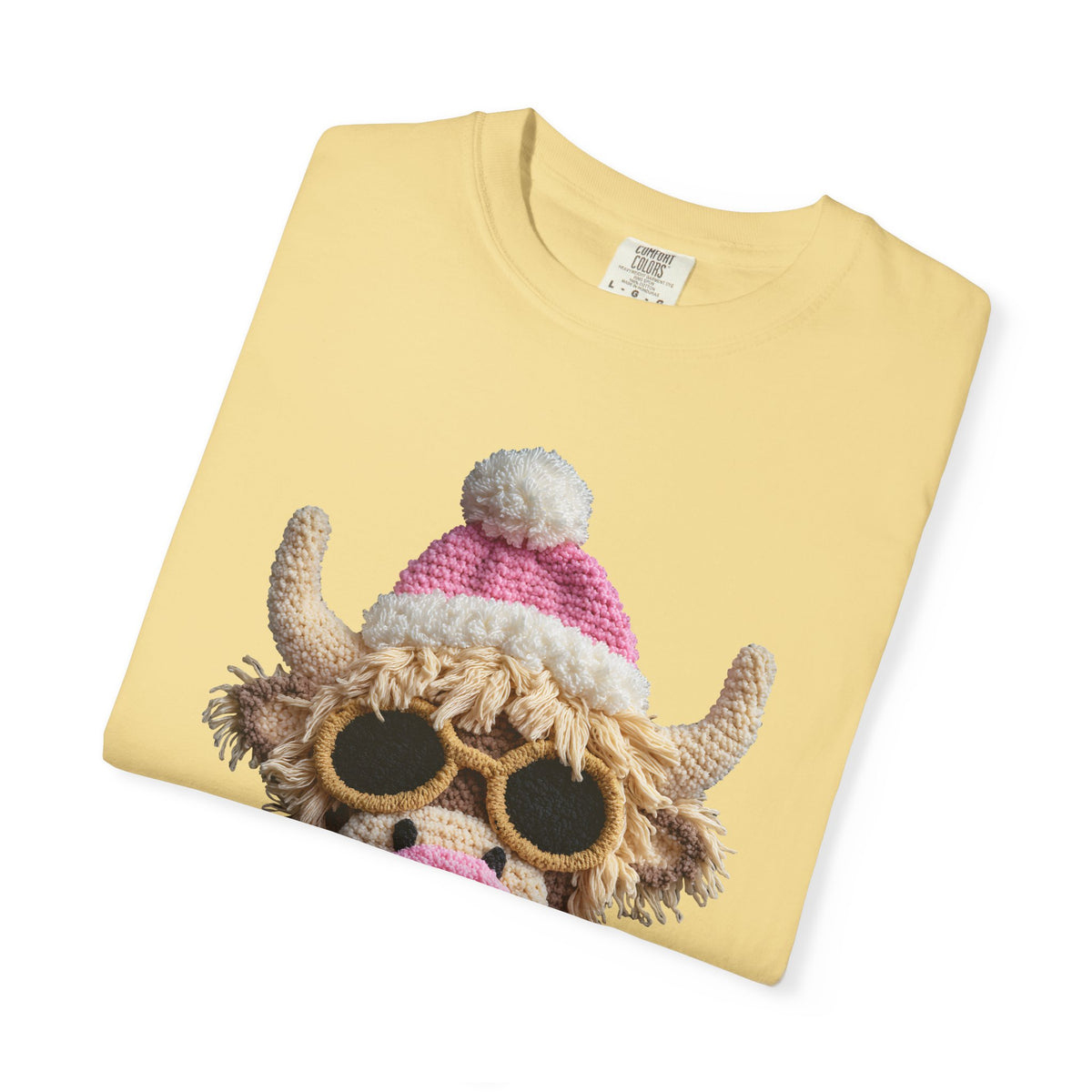 Faux Crochet Highland Cow Bubblegum - Comfort Colors | Trendy Women's T-Shirt. Direct to Garment. Printed & Shipped in the USA. Unisex Sizes.