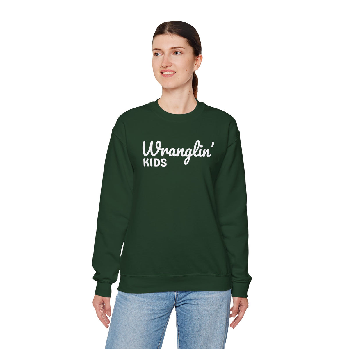 Wranglin' Kids Funny Mom Dad – Gildan Heavy Blend | Trendy Women’s and Men's Soft Sweatshirt. Direct to Garment. Printed & Shipped in the USA. Unisex Sizes.
