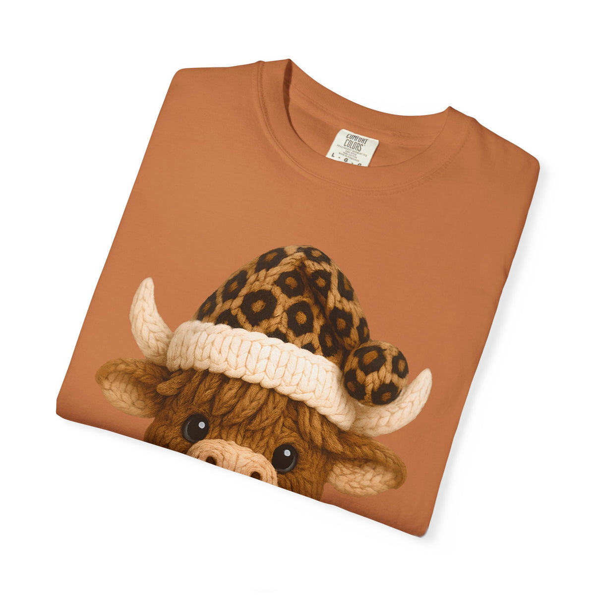 Cute Highland Cow with Leopard Santa Hat Christmas - Comfort Colors | Trendy Women's T-Shirt. Direct to Garment. Printed & Shipped in the USA. Unisex Sizes.
