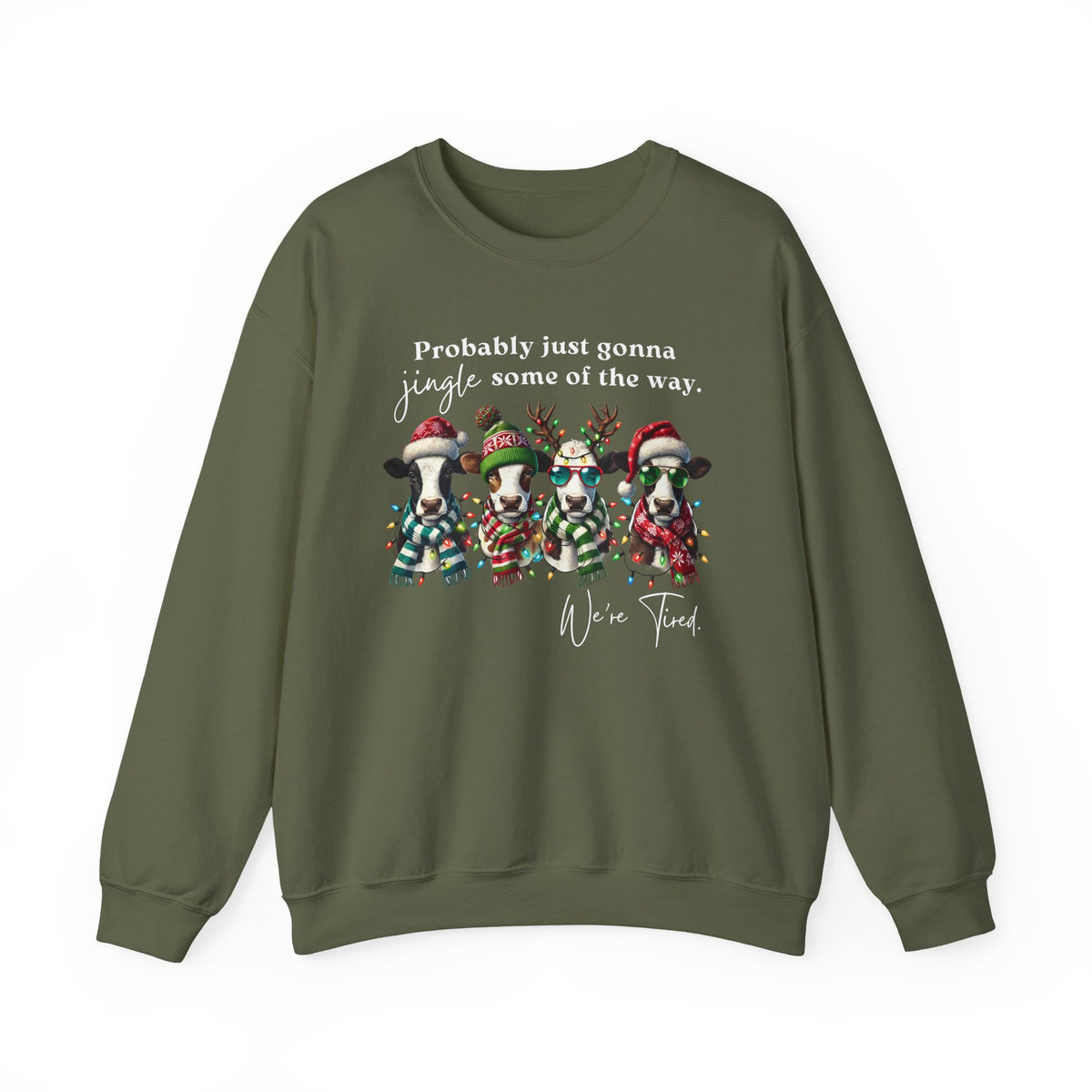 Christmas Cows - Probably Just Gonna Jingle Some Of The Way – Gildan Heavy Blend | Trendy Women’s and Men's Soft Sweatshirt. Direct to Garment. Printed & Shipped in the USA. Unisex Sizes.
