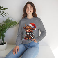 Cute Highland Cow Santa Hat Scarf Christmas Lights – Gildan Heavy Blend | Trendy Women’s Soft Sweatshirt. Direct to Garment. Printed & Shipped in the USA. Unisex Sizes.