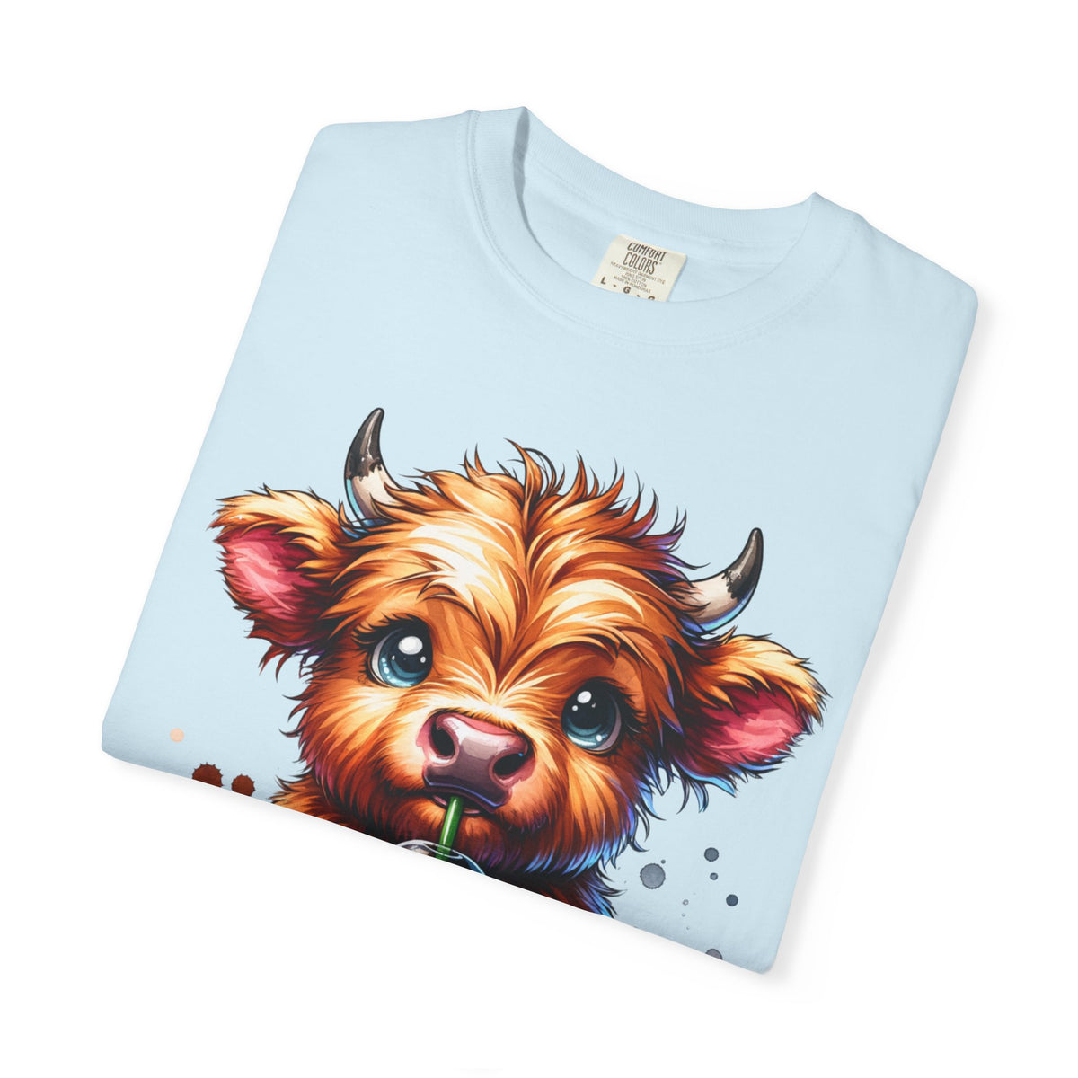 Coffee Addict Highland Cow Drinking Iced Coffee - Comfort Colors | Trendy Women's T-Shirt. Direct to Garment. Printed & Shipped in the USA. Unisex Sizes.