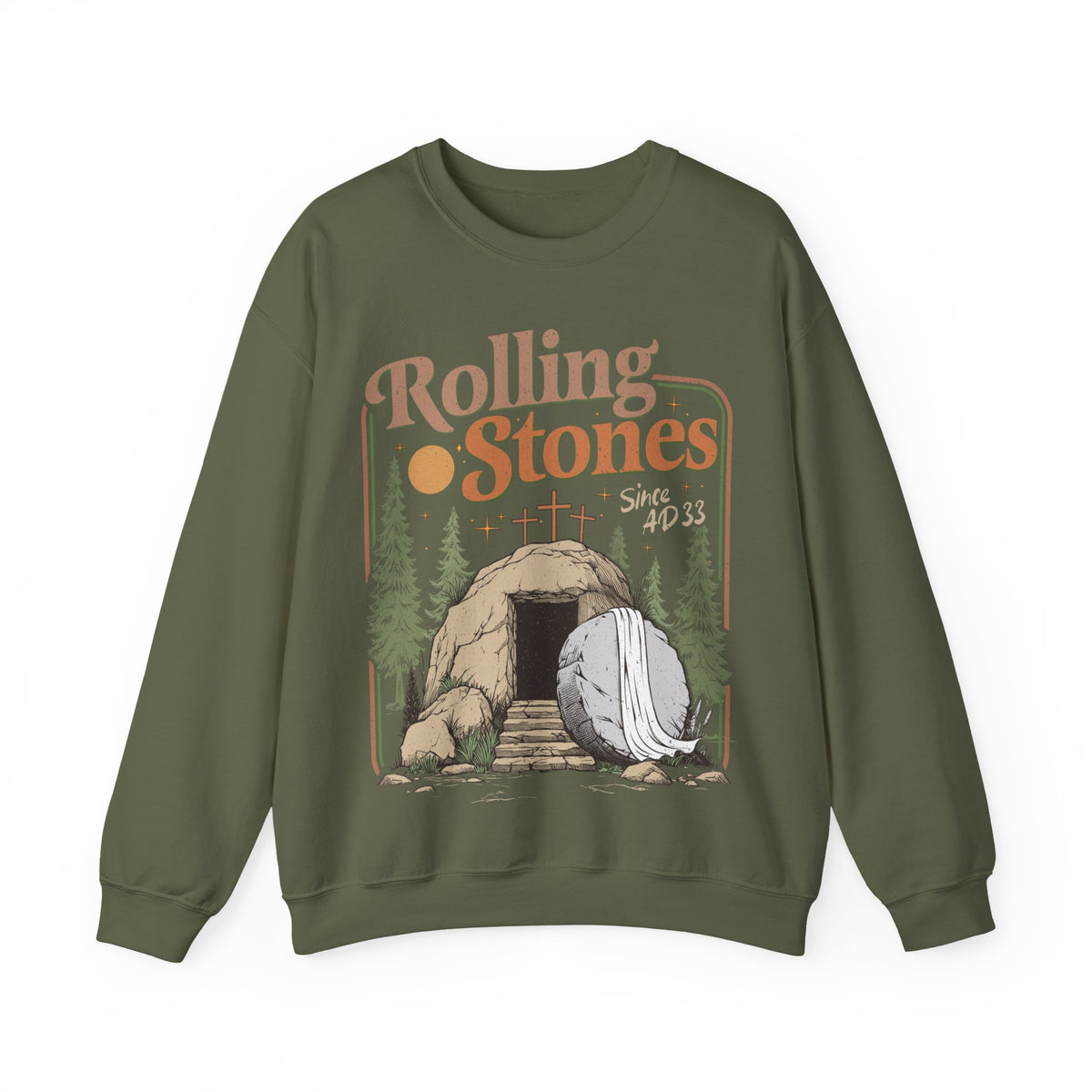 Rolling Stones "Since AD33" Easter Empty Tomb Christian – Gildan Heavy Blend | Trendy Men's and Women’s Soft Sweatshirt. Direct to Garment. Printed & Shipped in the USA. Unisex Sizes.