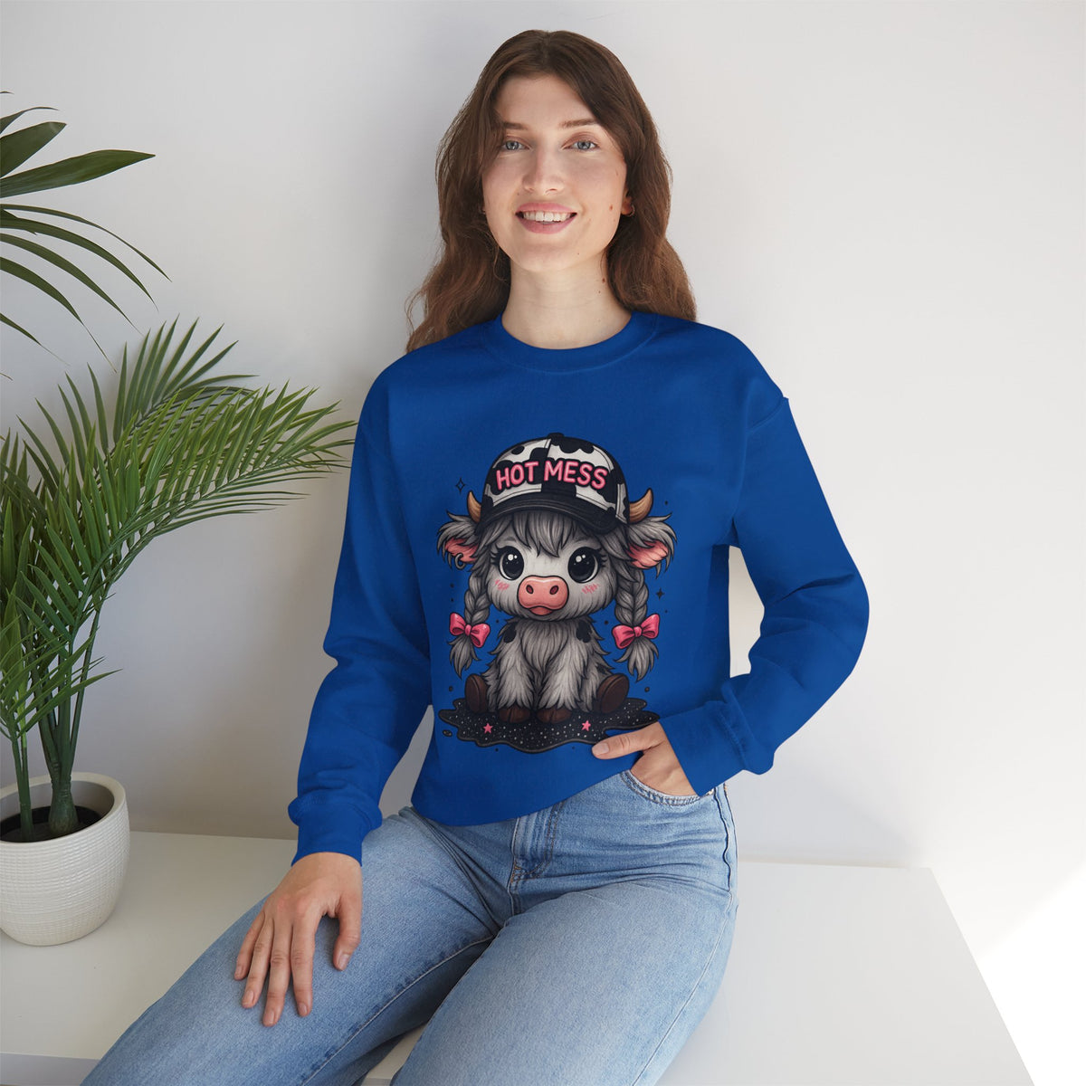 Cute Highland Cow 'Hot Mess' In Braids – Gildan Heavy Blend | Trendy Women’s Soft Sweatshirt. Direct to Garment. Printed & Shipped in the USA. Unisex Sizes.