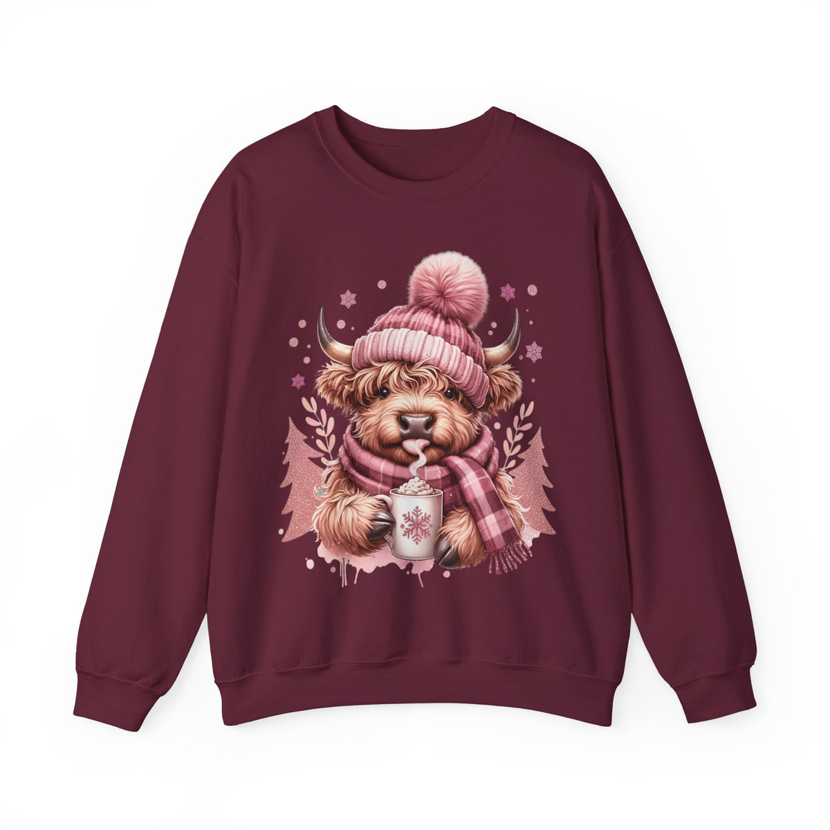 Cozy Highland Cow, Winter Coffee Mug & Scarf Pink – Gildan Heavy Blend | Trendy Women’s Soft Sweatshirt. Direct to Garment. Printed & Shipped in the USA. Unisex Sizes.
