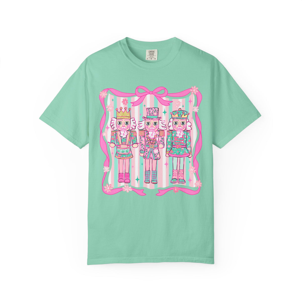 Coquette Pastel Christmas Nutcracker Trio Pink and Green - Comfort Colors | Trendy Women's T-Shirt. Direct to Garment. Printed & Shipped in the USA. Unisex Sizes.