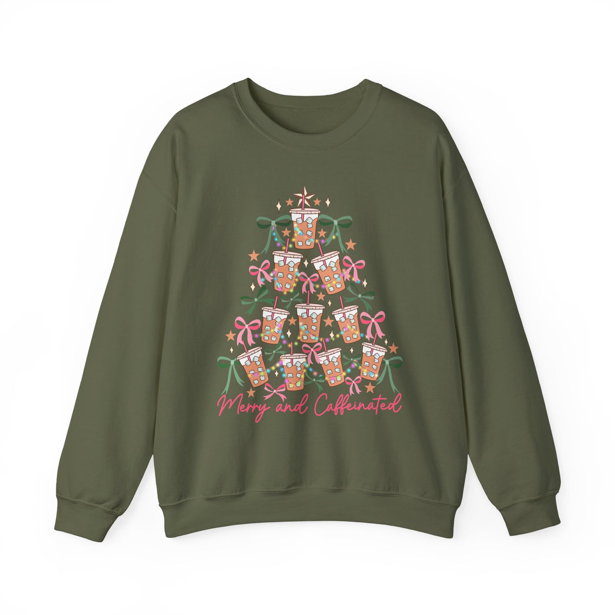 Merry and Caffeinated Iced Coffee Christmas Tree – Gildan Heavy Blend | Trendy Women’s Soft Sweatshirt. Direct to Garment. Printed & Shipped in the USA. Unisex Sizes.