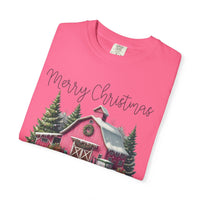 Merry Christmas Pink Barn Farm Animals - Comfort Colors | Trendy Women's T-Shirt. Direct to Garment. Printed & Shipped in the USA. Unisex Sizes.