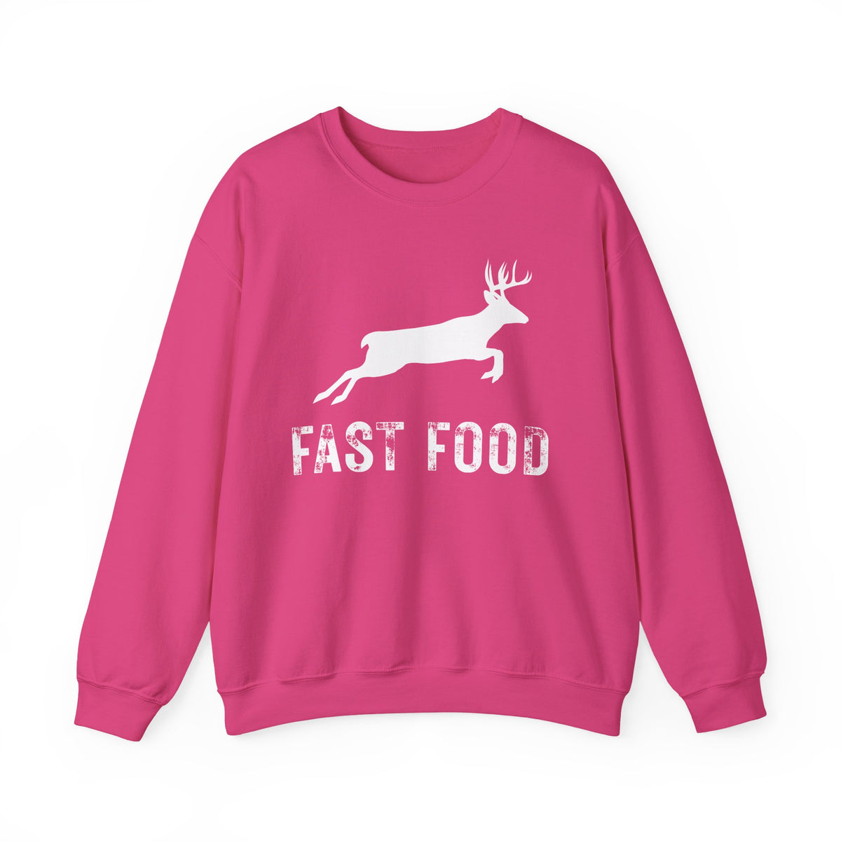 Fast Food Deer Hunting Humor Distressed – Gildan Heavy Blend | Trendy Men's and Women’s Soft Sweatshirt. Direct to Garment. Printed & Shipped in the USA. Unisex Sizes.
