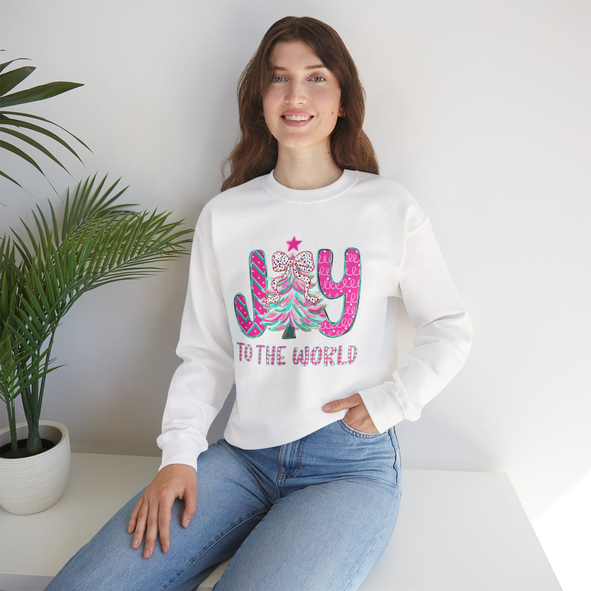 Joy to the World w/Christmas Tree Pink and Teal – Gildan Heavy Blend | Trendy Women’s Soft Sweatshirt. Direct to Garment. Printed & Shipped in the USA. Unisex Sizes.
