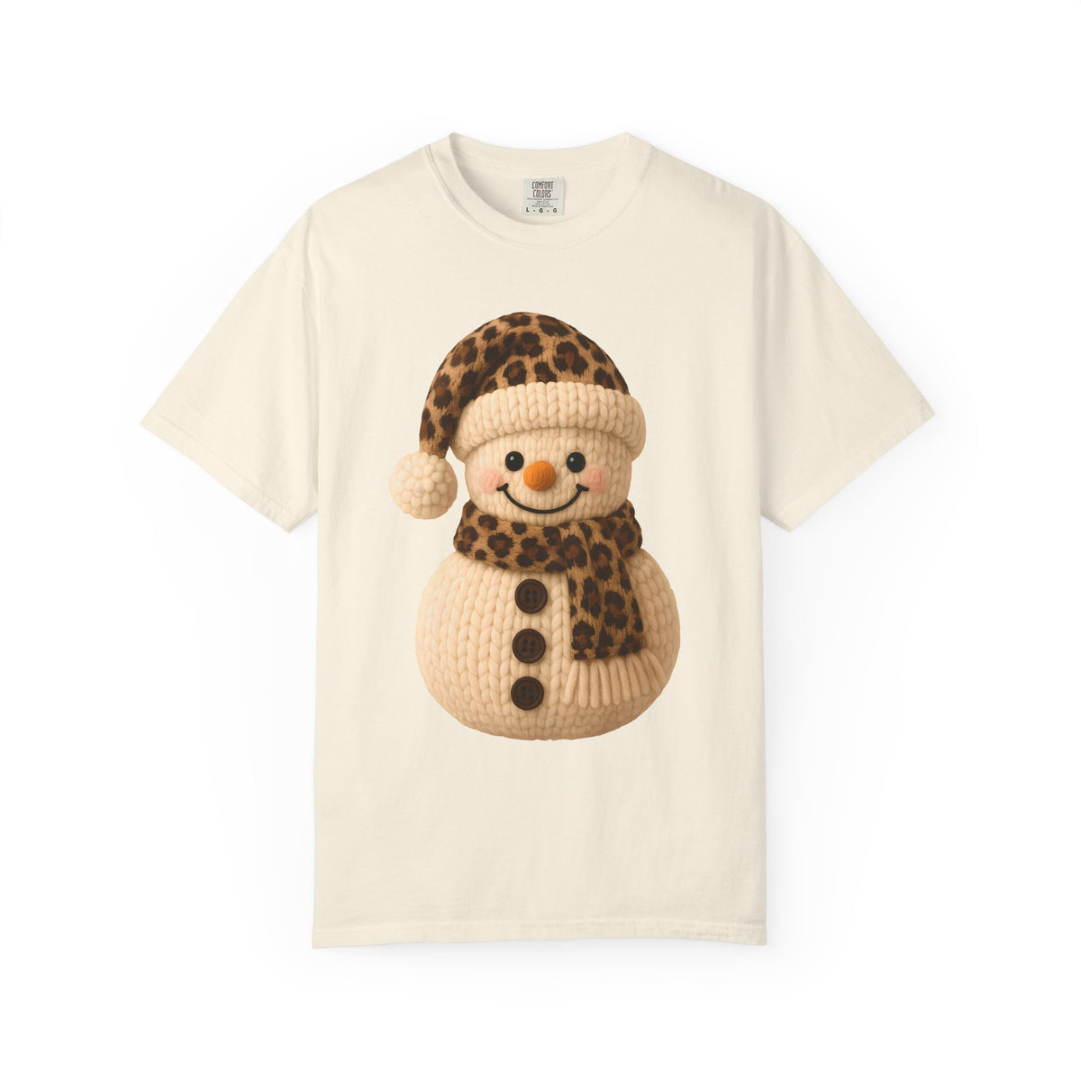 Cute Leopard Faux Knit Snowman Winter - Comfort Colors | Trendy Women's T-Shirt. Direct to Garment. Printed & Shipped in the USA. Unisex Sizes.