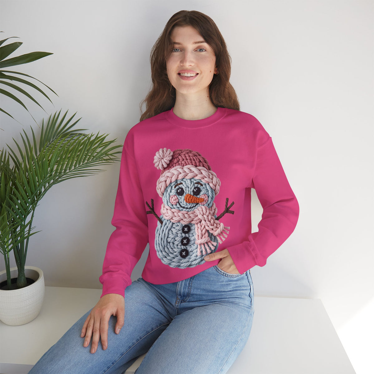 Cute Yarn Snowman - Pink Scarf Faux Yarn – Gildan Heavy Blend | Trendy Women’s Soft Sweatshirt. Direct to Garment. Printed & Shipped in the USA. Unisex Sizes.