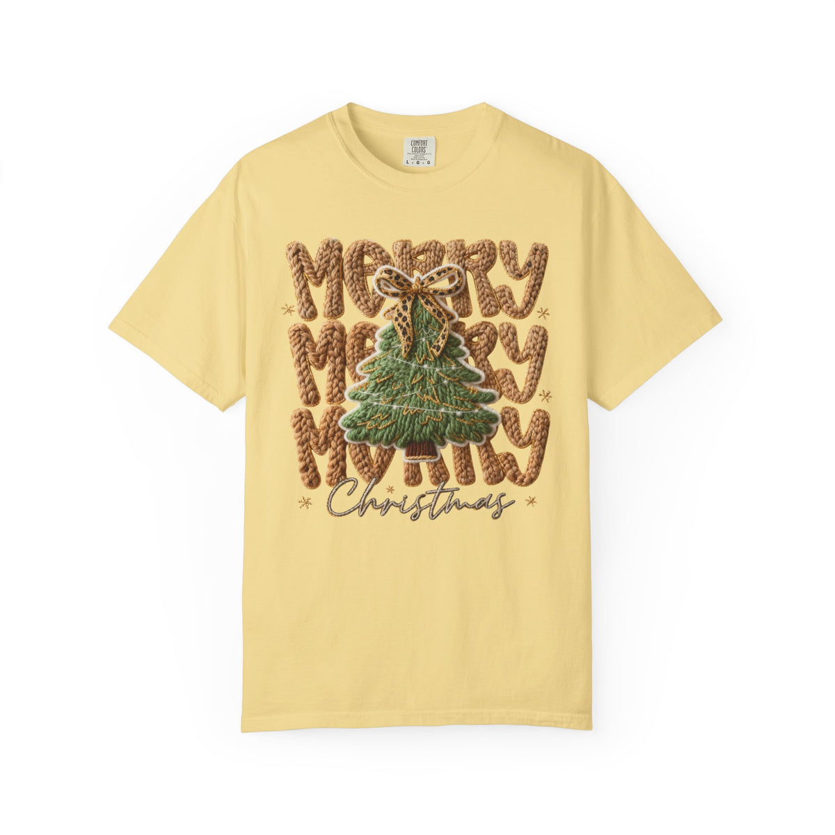 Merry Merry Merry Christmas, Faux Latch Hook Yarn - Comfort Colors | Trendy Women's T-Shirt. Direct to Garment. Printed & Shipped in the USA. Unisex Sizes.