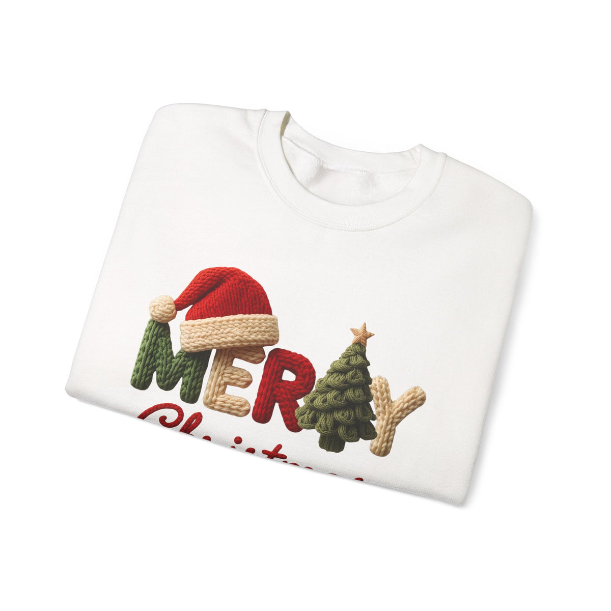 Merry Christmas Faux Yarn w/Santa Hat & Tree – Gildan Heavy Blend | Trendy Women’s Soft Sweatshirt. Direct to Garment. Printed & Shipped in the USA. Unisex Sizes.