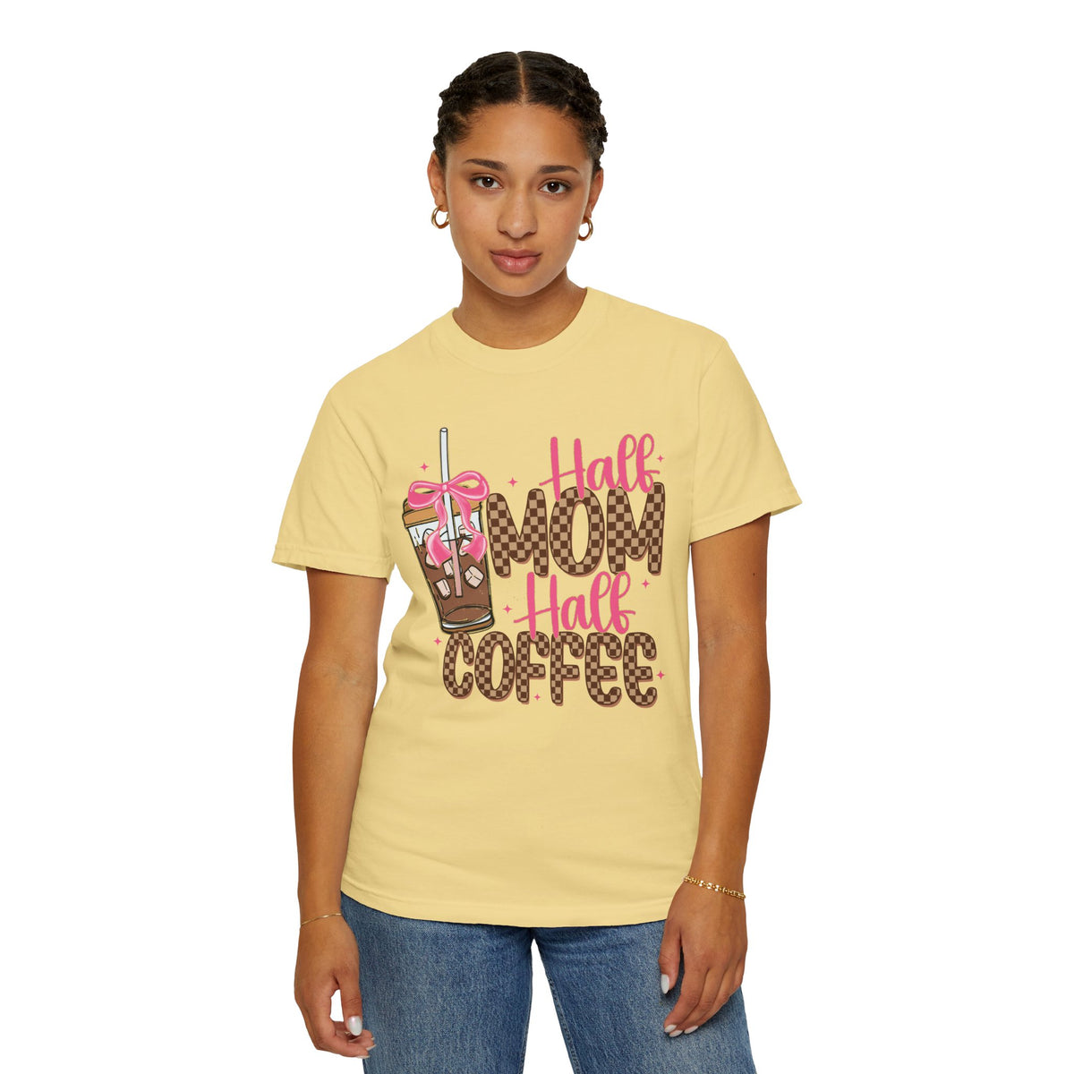Half Mom Half Coffee. Cute Leopard Print Coffee Design - Comfort Colors | Trendy Women's T-Shirt. Direct to Garment. Printed & Shipped in the USA. Unisex Sizes.