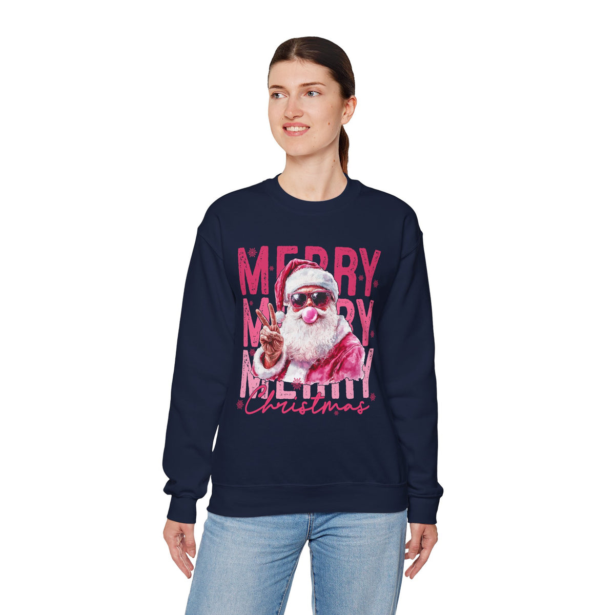 Pink Merry Christmas Bubblegum Santa – Gildan Heavy Blend | Trendy Women’s Soft Sweatshirt. Direct to Garment. Printed & Shipped in the USA. Unisex Sizes.