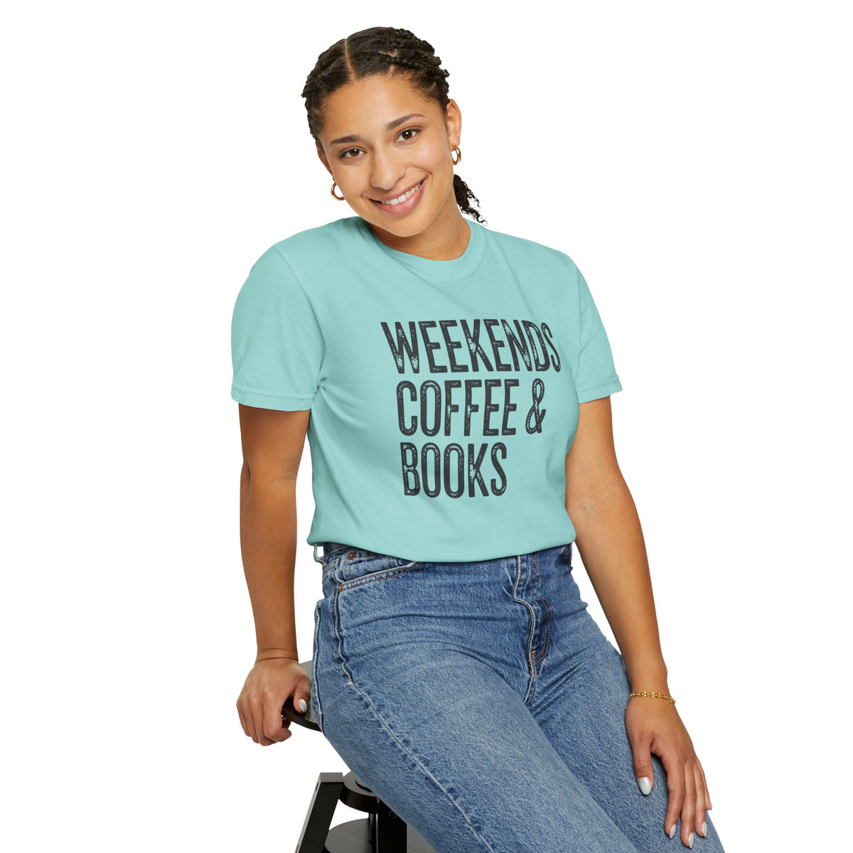 Weekends, Coffee & Books - Comfort Colors | Trendy Women's and Men's T-Shirt. Direct to Garment. Printed & Shipped in the USA. Unisex Sizes.