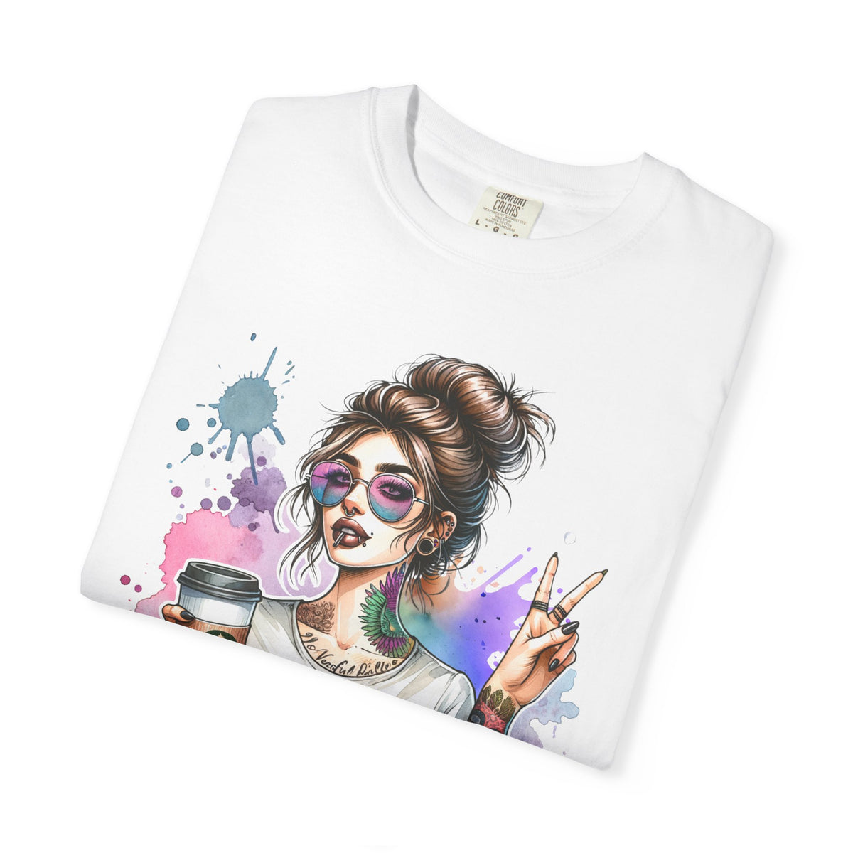 Cool Mombie with Coffee Peace Tattoo - Comfort Colors | Trendy Women's T-Shirt. Direct to Garment. Printed & Shipped in the USA. Unisex Sizes.