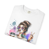 Cool Mombie with Coffee Peace Tattoo - Comfort Colors | Trendy Women's T-Shirt. Direct to Garment. Printed & Shipped in the USA. Unisex Sizes.