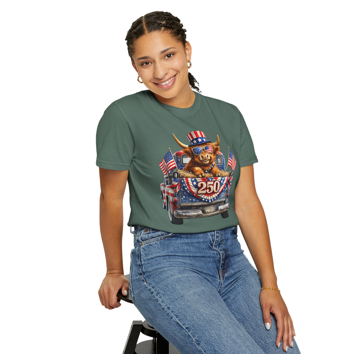 Patriotic Highland, America's 250th Birthday - Comfort Colors | Trendy Women's and Men's T-Shirt. Direct to Garment. Printed & Shipped in the USA. Unisex Sizes.