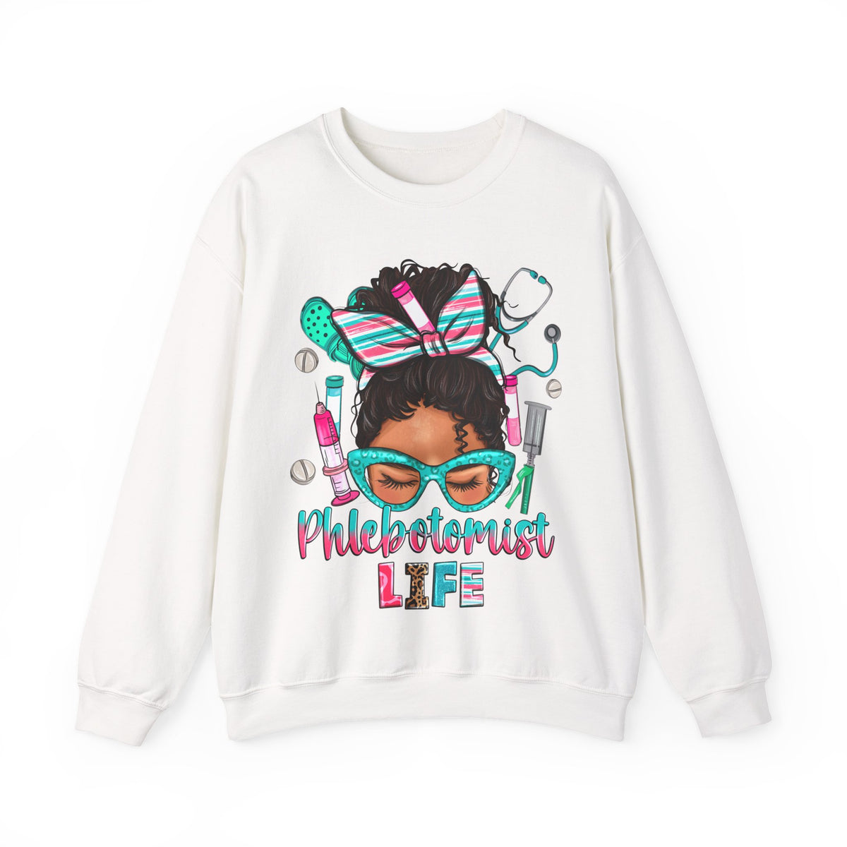 Phlebotomist Life, Messy Bun – Gildan Heavy Blend | Trendy Women’s Soft Sweatshirt. Direct to Garment. Printed & Shipped in the USA. Unisex Sizes.