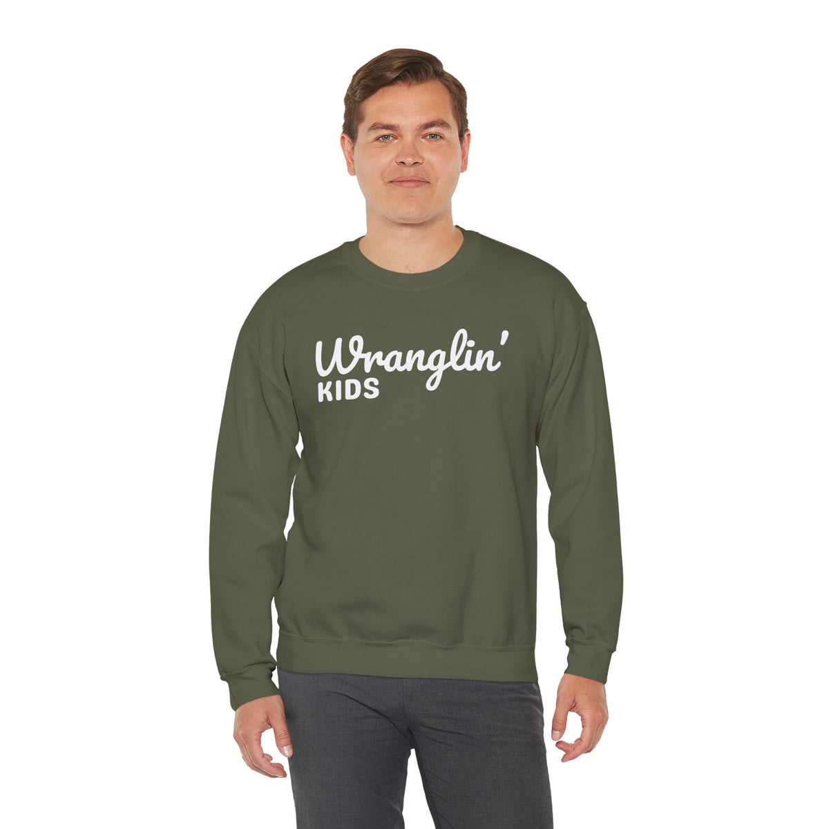 Wranglin' Kids Funny Mom Dad – Gildan Heavy Blend | Trendy Women’s and Men's Soft Sweatshirt. Direct to Garment. Printed & Shipped in the USA. Unisex Sizes.