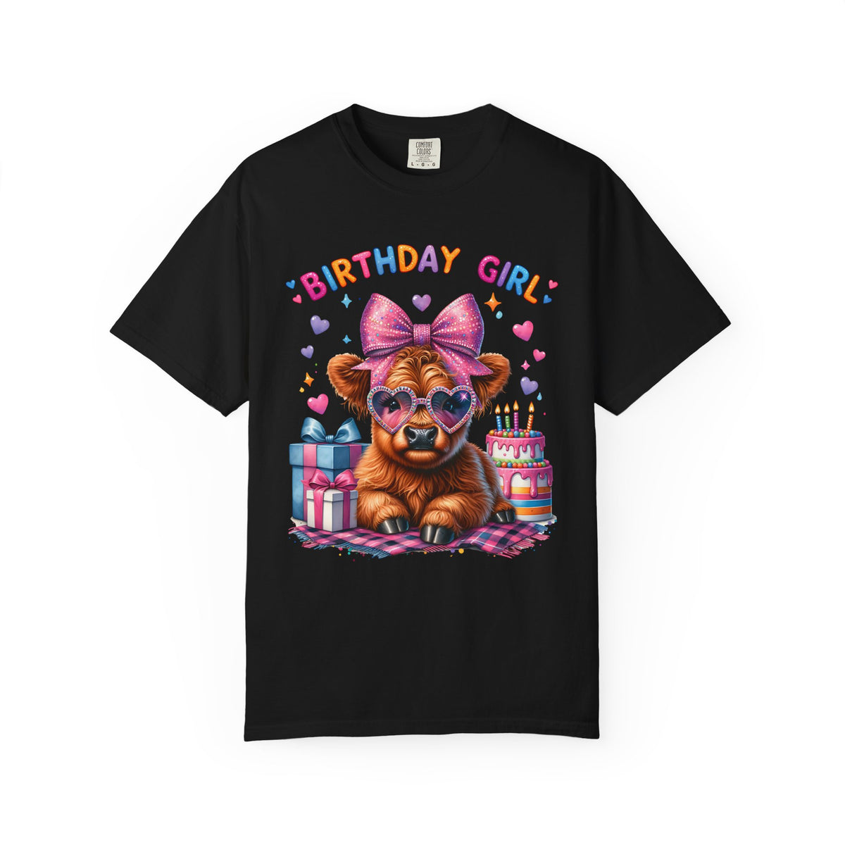 Birthday Girl, Highland Cow - Comfort Colors | Trendy Women's T-Shirt. Direct to Garment. Printed & Shipped in the USA. Unisex Sizes.