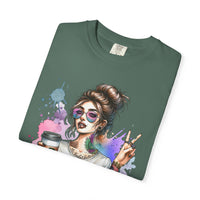 Cool Mombie with Coffee Peace Tattoo - Comfort Colors | Trendy Women's T-Shirt. Direct to Garment. Printed & Shipped in the USA. Unisex Sizes.