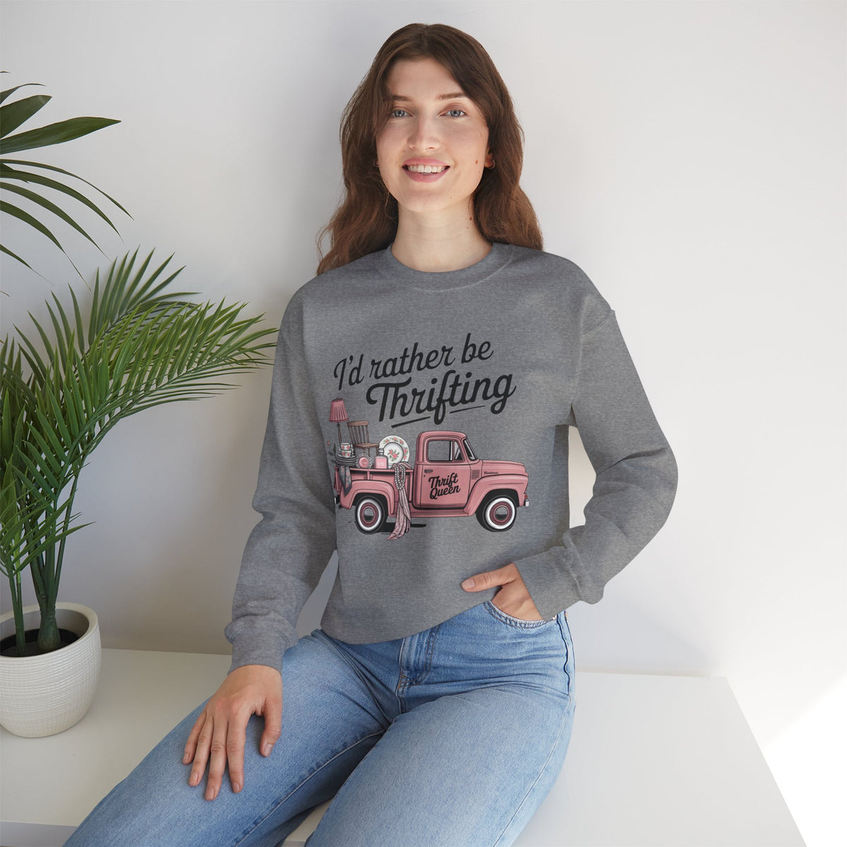 I'd Rather Be Thrifting. Pink Vintage Truck – Gildan Heavy Blend | Trendy Women’s Soft Sweatshirt. Direct to Garment. Printed & Shipped in the USA. Unisex Sizes.
