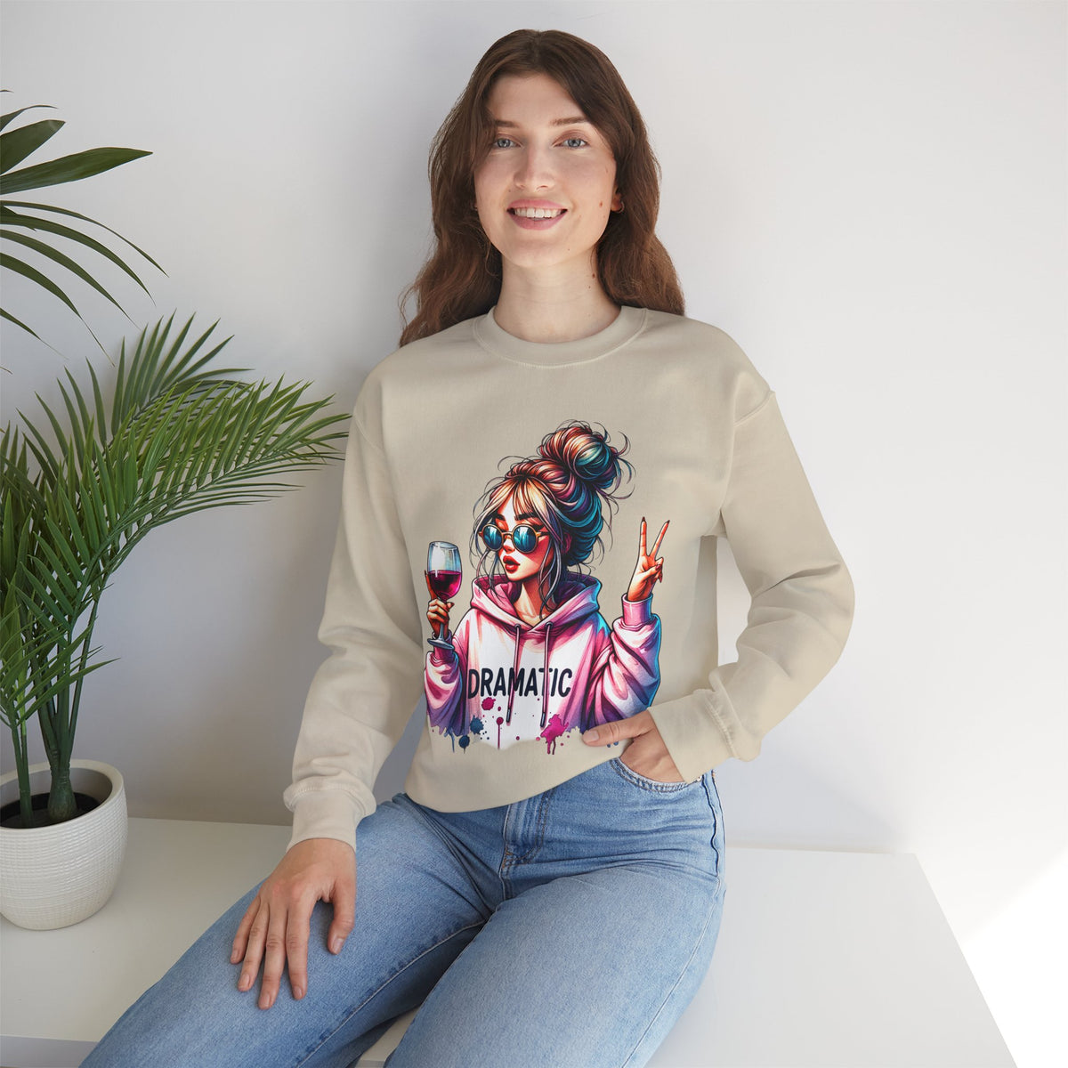 Dramatic Girl With Wine Messy Bun Peace Sign – Gildan Heavy Blend | Trendy Women’s Soft Sweatshirt. Direct to Garment. Printed & Shipped in the USA. Unisex Sizes.